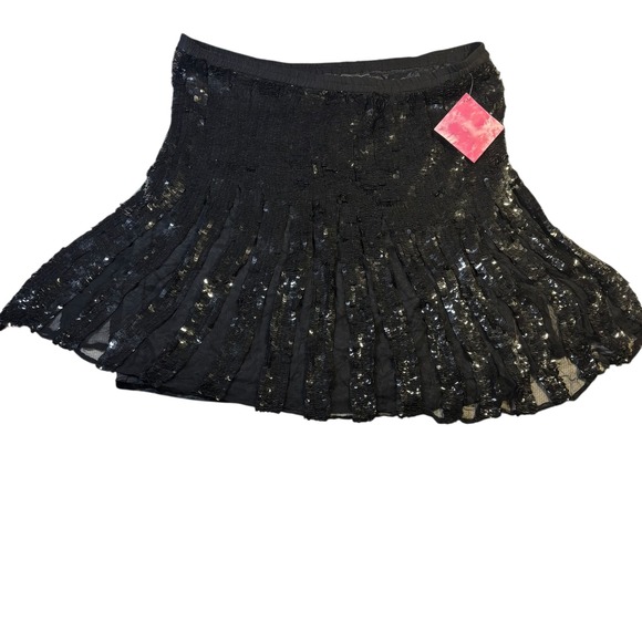 Royal Feelings Black Sequin Pleated Midi Skirt Size L 100% Silk with Lining - Picture 4 of 8